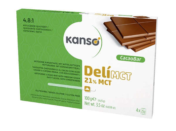 KANSO DELIMCT CACAO BAR 21% TAVOLETTA CHETOGENICA AL CACAO CON ACIDI GRASSI A CATENA MEDIA 4 MONOPORZIONI DA 25 G - farmacialombardia.it