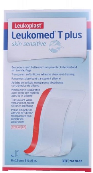 LEUKOMED T PLUS SKIN SENSITIVE MEDICAZIONE POST-OPERATORIA TRASPARENTE IMPERMEABILE CON MASSA ADESIVA AL SILICONE 8X15CM 5 PEZZI - farmacialombardia.it