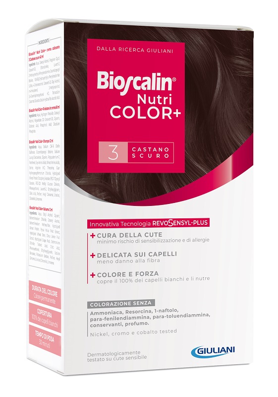 BIOSCALIN NUTRICOLOR PLUS 3 CASTANO SCURO CREMA COLORANTE 40 ML + RIVELATORE CREMA 60 ML + SHAMPOO 12 ML + TRATTAMENTO FINALE BALSAMO 12 ML - farmacialombardia.it