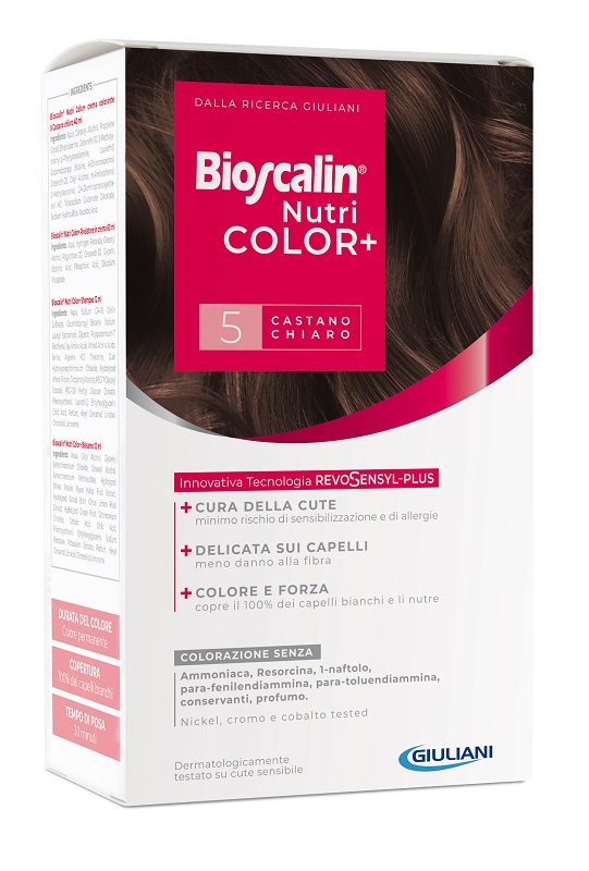 BIOSCALIN NUTRICOLOR PLUS 5 CASTANO CHIARO CREMA COLORANTE 40 ML + RIVELATORE CREMA 60 ML + SHAMPOO 12 ML + TRATTAMENTO FINALE BALSAMO 12 ML - farmacialombardia.it