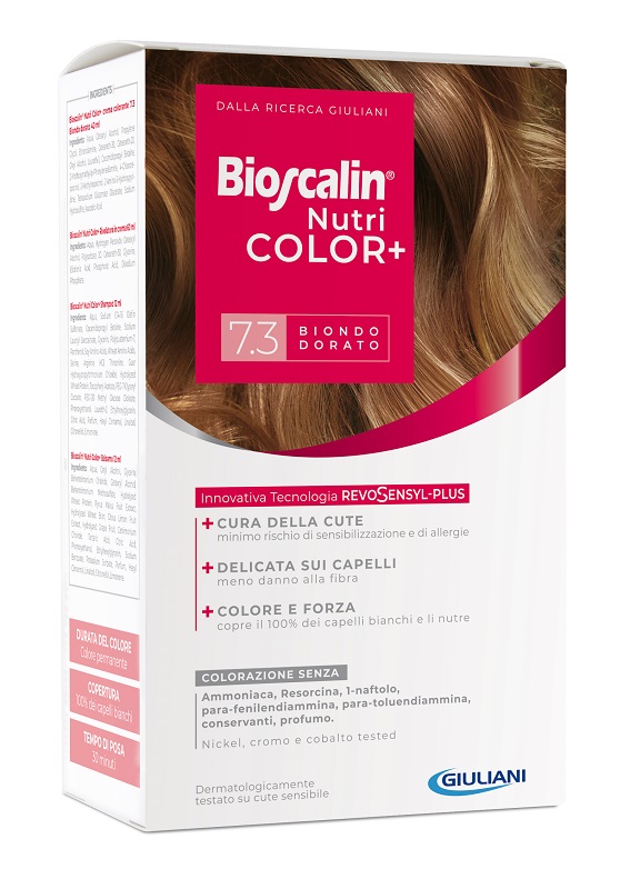 BIOSCALIN NUTRICOLOR PLUS 7,3 BIONDO DORATO CREMA COLORANTE 40 ML + RIVELATORE CREMA 60 ML + SHAMPOO 12 ML + TRATTAMENTO FINALE BALSAMO 12 ML - farmacialombardia.it