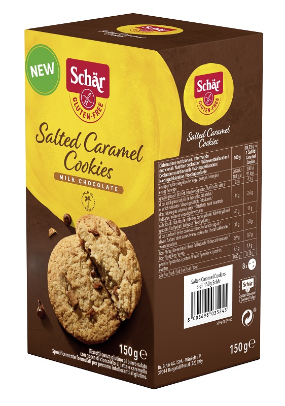 SCHAR SALTED CARAMEL COOKIES CON GOCCE DI CIOCCOLATO AL LATTE E CARAMELLO 150 G - farmacialombardia.it